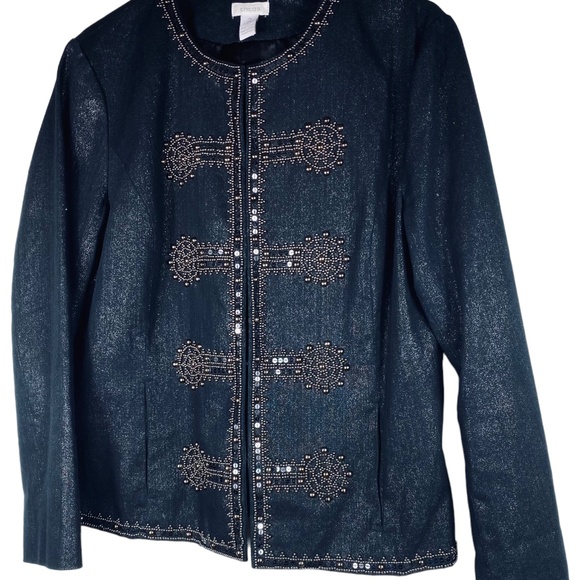 Chicos Sz 2 (Large 12 14) Jean Denim Jacket Coat Embellished Beaded Blue - Picture 2 of 4
